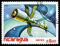 Postage stamp printed in Nicaragua shows Satellites, space vehicles, Spaceflight serie, circa 1982