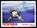 Postage stamp printed in Nicaragua shows Satellites, space vehicles, Spaceflight serie, circa 1982