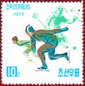 Postage stamp printed in North Korea with a picture of a skater and downhill skier, from the series `Sports`