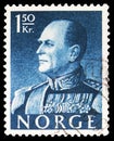 Postage stamp printed in Norway shows King Olav V, serie, 1.50 kr - Norwegian krone, circa 1959 Royalty Free Stock Photo