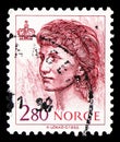 Postage stamp printed in Norway shows Queen Sonja, Queen Sonja and King Harald V serie, circa 1992