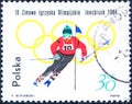 Postage stamp printed in Poland with the image of a Alpine skier, from the series `IX winter Olympic games`