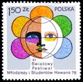 Postage stamp printed in Poland shows Youth Festival Emblem, circa 1978