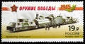 Postage stamp printed in Russia shows Armored Train `Moskvich`, Weapons of the Victory serie, circa 2015 Royalty Free Stock Photo