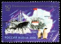 Postage stamp printed in Russia shows The Obj Diesel-electric Icebreaker, Penguins, Antarctic Research serie, circa 2016