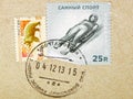 Postage stamp printed in Russia with stamp of Livny town shows Luge, Winter Olympic Sport, Bear, Winter Olympic Games 2014 - Sochi