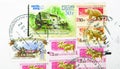 Postage stamp printed in Russia with stamp of Naryshkino town shows Novgorod Kremlin, Lasarevskoye, Volkonskiy dolmen, Deer, Bear