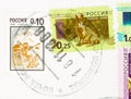 Postage stamp printed in Russia with stamp of Temnikov town shows Harvester, Hare, serie, circa 1998, 2008