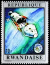 Postage stamp printed in Rwanda shows Final separation of nose cone, Moon mission serie, circa 1970