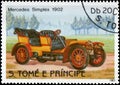 Postage stamp printed in S.Tome e Principe shows image of the retro car Mercedes Simplex 1902 year of release Royalty Free Stock Photo