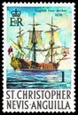 Postage stamp printed in Saint Kitts and Nevis shows English two-decker, 1650, serie, circa 1970