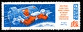 Postage stamp printed in the Soviet Union, dedicated to the world`s first spacewalker Alexei Leonov in outer space in a spacesuit