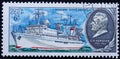 Postage stamp printed in the Soviet Union in 1980. Ship, research vessel Academician Sergei Korolev. Bas-relief of the Soviet