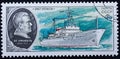 Postage stamp printed in the Soviet Union in 1980. Ship, Soviet research ship Ernst Krenkel. Bas-relief of polar explorer and