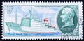 Postage stamp printed in the Soviet Union in 1980. Ship, Soviet research vessel Akademik Mstislav Keldysh. Bas-relief with a