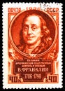Postage stamp printed in Soviet Union shows Benjamin Franklin (1706-1790), American politician, Great Figures of World Culture