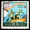 Postage stamp printed in Soviet Union shows Canoeing, Summer Olympics 1960, Rome serie, circa 1960