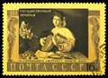 Postage stamp printed in Soviet Union shows The Lute Player (1596) by Michelangelo Merisi da Caravaggio, Treasures of the Royalty Free Stock Photo