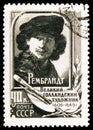 Postage stamp printed in Soviet Union shows Rembrandt van Rijn (1606-1669), Dutch painter, Great Figures of World Culture serie,