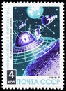 Postage stamp printed in Soviet Union shows Space Walk in Lunar Orbit, Space Fantasies serie, circa 1967