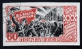 Postage stamp printed in the Soviet Union. 1947. 30th anniversary of the Socialist revolution in 1917. Episode of the Russian