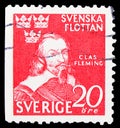 Postage stamp printed in Sweden shows Clas Fleming, 300th Anniversary Naval Victory at Femern serie, 20 Swedish ore, circa 1944