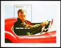 Postage stamp printed in Tanzania shows Block: James Dean in a car, James Dean serie, circa 1996