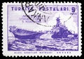 Postage stamp printed in Turkey shows Battleship Missouri, Visit of the USS Missouri to Istanbul serie, circa 1946