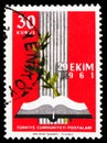 Postage stamp printed in Turkey shows Open Book and Olive Branch, Inauguration of the New Parliament serie, circa 1961