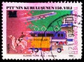 Postage stamp printed in Turkey shows Post Rider, Truck, Train, Airplane and Ship, No Face Value, Postal Stamps, 1996, Ataturk,