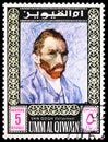 Postage stamp printed in Umm Al Quwain shows Vincent van Gogh (1889/1890), Self-portraits of Famous Painters serie, circa 1967 Royalty Free Stock Photo