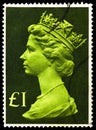 Postage stamp printed in United Kingdom shows Queen Elizabeth II - Large Machin, Queen Elizabeth II - Decimal Machin - Normal