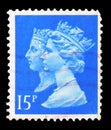 Postage stamp printed in United Kingdom shows Queen Victoria and Queen Elizabeth II, 15 p - British penny, 150th Anniversary of