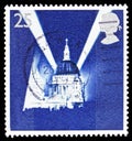 Postage stamp printed in United Kingdom shows Saint Paul`s Cathedral and Searchlights, Peace and Freedom Europa C.E.P.T. 1995 Royalty Free Stock Photo