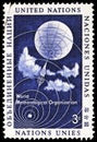 Postage stamp printed in United Nations New York shows Weather Satellite, World Meteorological Organization serie, 3 ÃÂ¢ - United Royalty Free Stock Photo