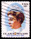 Postage stamp printed in United States shows Clara Maass 1876-1901 and Newark German Hospital Pin, serie, circa 1976