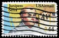 Postage stamp printed in United States shows Fr. Junipero Serra, Spanish priest and friar, Map of South California, San Gabriel