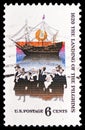 Postage stamp printed in United States shows Mayflower and Pilgrims, Landing of the Pilgrims Issue serie, circa 1970