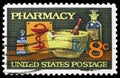 Postage stamp printed in United States shows Mortar and Pestle, Bowl of Hygeia, Pharmacy Issue serie, 8 c - United States cent,