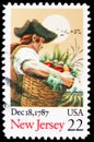 Postage stamp printed in United States shows New Jersey Ratification Date, Ratification of the Constitution Bicentennial serie,