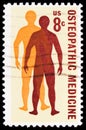 Postage stamp printed in United States shows Osteopathic Medicine - Man`s Quest for Health, serie, circa 1972 Royalty Free Stock Photo