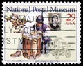 Postage stamp printed in United States shows Pony Express Rider, Civil War Soldier, Concord Stagecoach, National Postal Museum