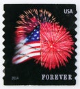 Postage stamp printed in United States shows Star-Spangled Banner: Fort McHenry Flag and Fireworks, serie, circa 2014