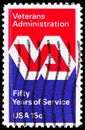 Postage stamp printed in United States shows Veterans Administration Emblem, Veterans Administration, 50th Anniversary Issue serie