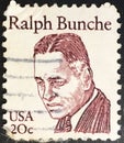 Postage stamp printed in USA showing the American Political Scientist, Diplomat, And Winner Of The Nobel Prize, Ralph Bunche Royalty Free Stock Photo