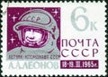 Postage stamp printed in the USSR depicts a portrait of cosmonaut Alexei Leonov. Flight on the spaceship ` Voskhod-2 Royalty Free Stock Photo