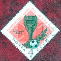 Postage stamp printed in USSR with a picture of a football cup, with the inscription `World Football Cup England 1966` Royalty Free Stock Photo
