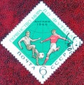 Postage stamp printed in USSR with a picture of a footballs players, with the inscription `World Football Cup England 1966` Royalty Free Stock Photo