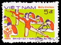 Postage stamp printed in Vietnam shows Gymnastics group, National Sports and Gymnastics Games serie, circa 1985