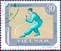 Postage stamp printed in Vietnam shows the national sport of martial arts - Fisticuff, from the series `Sports